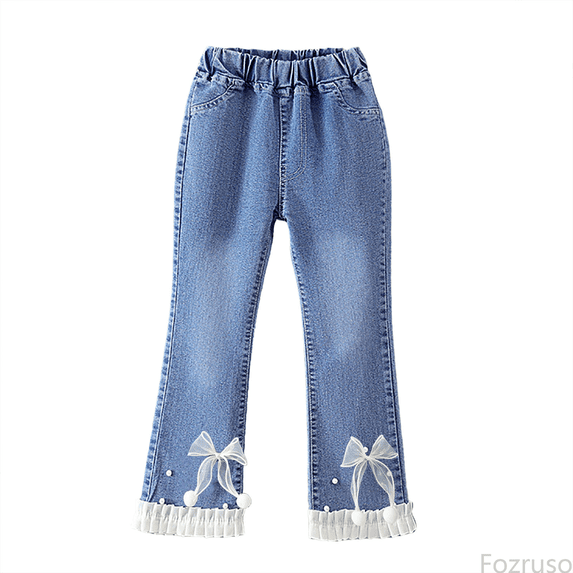 Fozruso Girls Twill Pants Girls Pearl Bow Embroidered Jeans Wide Leg Flare Denim Pants With Elastic Waist For Toddler Kids Sizes 7-8 Years