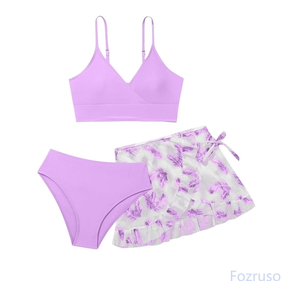 Fozruso Girls Two Piece Swimsuit With Ruffle Trim And Matching Cover Up Skirt For Big Kids Youth 3 Piece Bikini Bathing Suit Sizes 8-9 Years