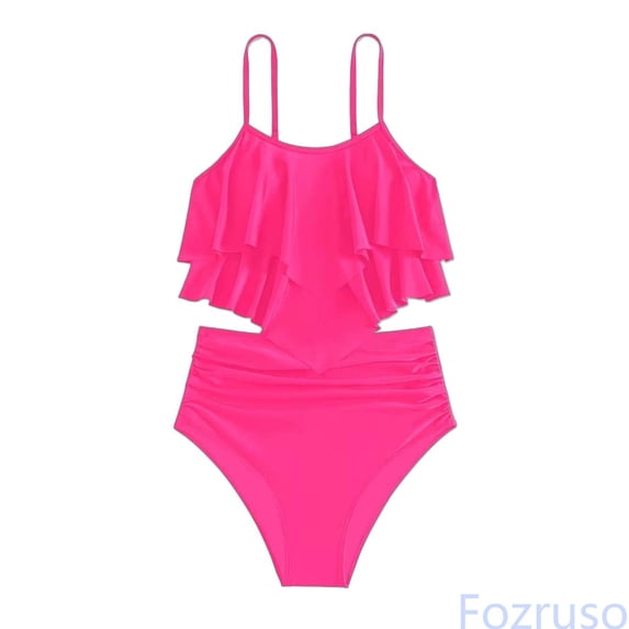 Fozruso Girls Two Piece Swimwear Solid Color Fashion Bikini With Ruffled Back And Tankini Top For Teens And Youth One-Piece Swimsuit Sizes 10-11 Years