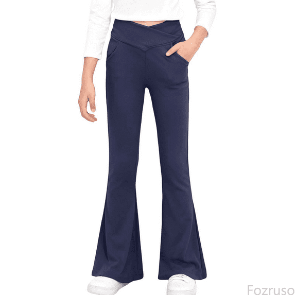 Fozruso Girls Uniform Wide Leg Pants High Waist Flared Yoga Pants For Girls Bootcut Leggings Teen Dance Workout Trousers Stretchy Athletic Wide Leg Bottoms Sizes 8-9 Years