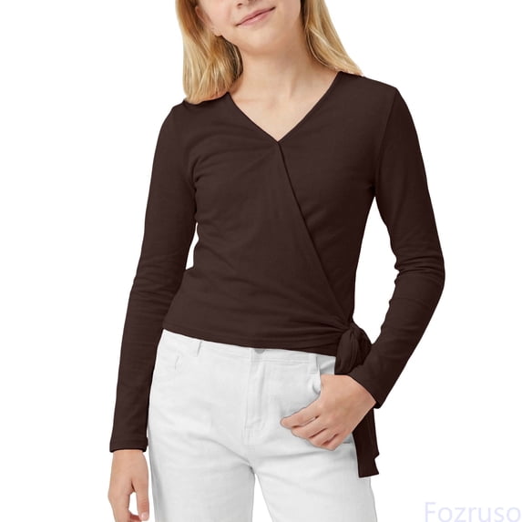 Fozruso Girls V Neck T Shirts Kids Tie Wrap Top Long Sleeve Crop Tops Slim Fit Dance Blouse,11-12 Years,Brown