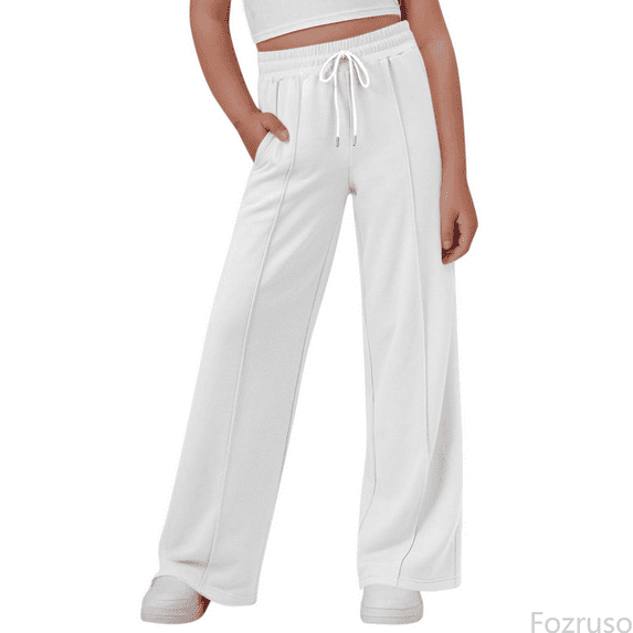 Fozruso Girls Wide Leg Uniform Pants Girls Elastic Waist Wide Leg Pants Straight Leg Casual Trousers For Kids And Youth Summer Fashion Pure Color Long Bottoms Sizes 12-13 Years