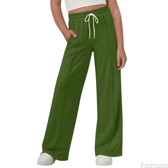Fozruso Girls Wide Leg Uniform Pants Girls Elastic Waist Wide Leg Pants Straight Leg Casual Trousers For Kids And Youth Summer Fashion Pure Color Long Bottoms Sizes 7-8 Years