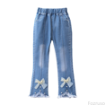 thumbnail image 1 of Fozruso Girls Wide Leg Uniform Pants Girls Pearl Bow Embroidered Jeans Wide Leg Flare Denim Pants With Elastic Waist For Toddler Kids Sizes 9-10 Years, 1 of 6
