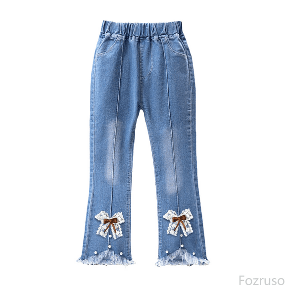 Fozruso Girls Wide Leg Uniform Pants Girls Pearl Bow Embroidered Jeans Wide Leg Flare Denim Pants With Elastic Waist For Toddler Kids Sizes 2-3 Years