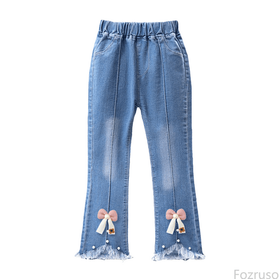 Fozruso Girls Wide Leg Uniform Pants Girls Pearl Bow Embroidered Jeans Wide Leg Flare Denim Pants With Elastic Waist For Toddler Kids Sizes 3-4 Years