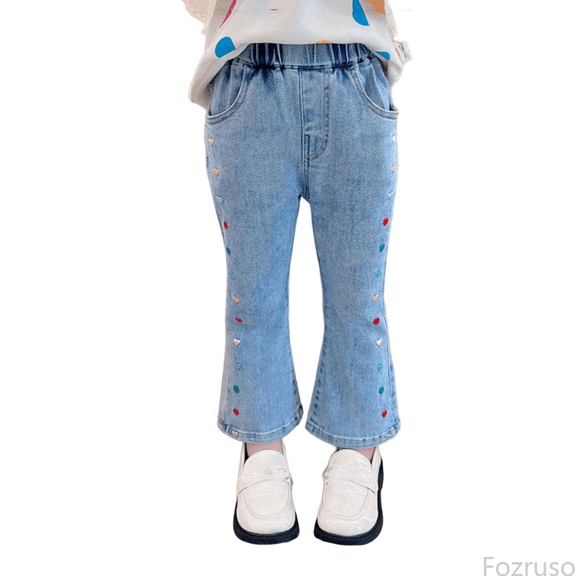Fozruso Girls Wide Leg Uniform Pants Spring Summer And Autumn Girls' Toddler Stretch Waist Themed Embroidery Slim Fit Flared Jeans Denim Pants Long Pants Sizes 3-4 Years
