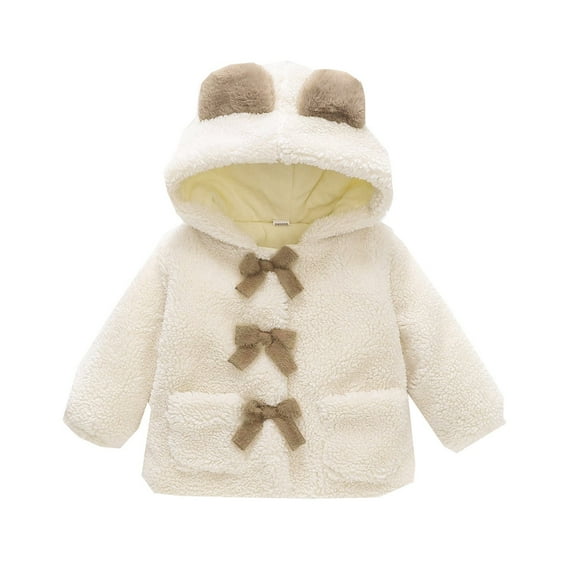 Fozruso Girls Windbreaker Jacket 6-12 Months,Toddler Girls Thick Woolen Coat Winter Cute Plus Fluffy Hooded Coat Bear Ears Bow Jacket Outwear White