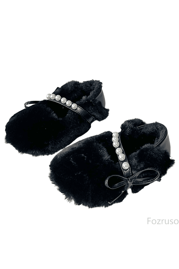 Girls Winter Sneakers With Pearl Bow Soft Sole Outdoor Casual Shoes For Toddlers And Kids Warm Lined Non Rubber Sole Footwear For Girls Daily Wear,Sizes 6.5(1-1.5 Years)