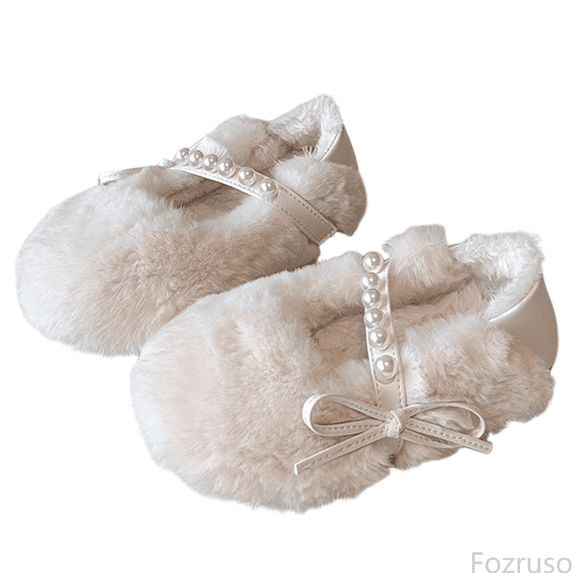 Fozruso Girls Winter Sneakers With Pearl Bow Soft Sole Outdoor Casual Shoes For Toddlers And Kids Warm Lined Non Rubber Sole Footwear For Girls Daily Wear,Sizes 6.5(1-1.5 Years)