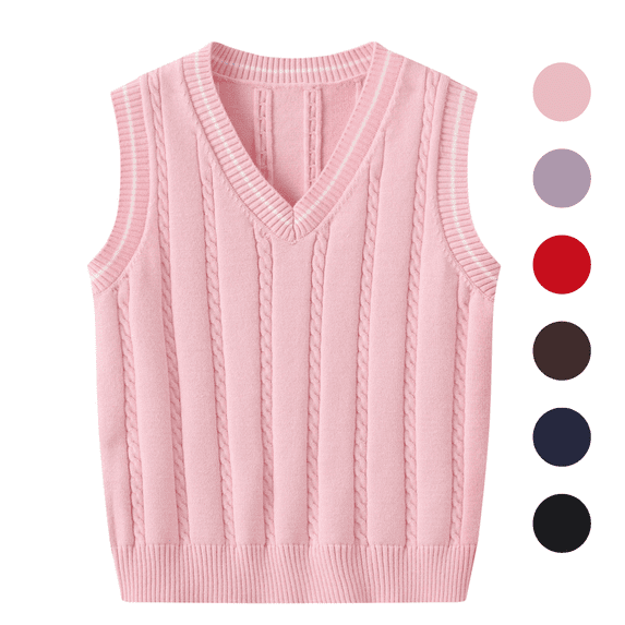 Fozruso Girls and Boys Uniform V-Neck Sweater Vest, Sleeveless Cable Knit Sweater ,Brown