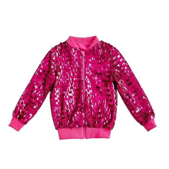 Fozruso Hooded Lightweight Jacket 4-6 Years,Sequin Jackets Girls Solid Color Long Sleeve Zip Up Jacket For Kids Christmas Shiny Fashion Clothes Pink