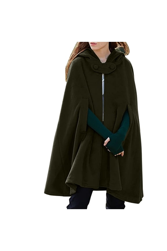 Hooded Medium Women Cape Winter Vintage Overcoat Fashion Button Cloak Woolen Coat, Sizes M
