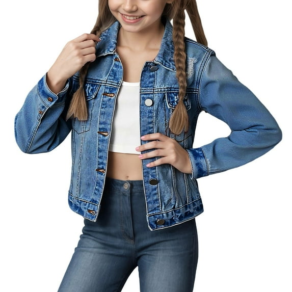 Fozruso Hooded Puffer Coat 3-4 Years,Stylish Distressed Denim Jacket For Girls With Notched Collar Outerwear For Teen Girls And Preteen Casual Coat Blue