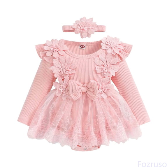 Fozruso Girls Long Sleeve Floral Romper Lace Bodysuits Dress Headbands Set Cute Girls Rompers Sizes 0-3 Months