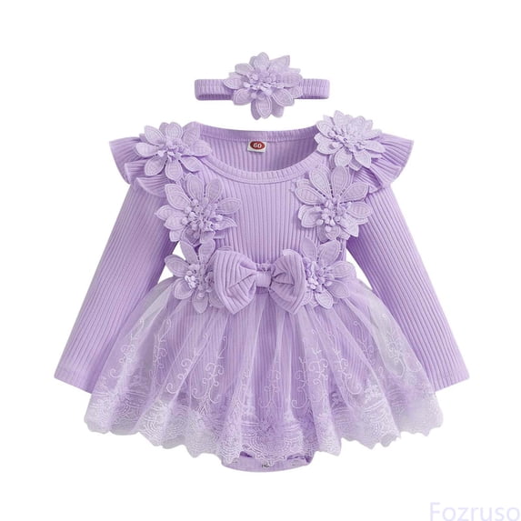 Fozruso Girls Long Sleeve Floral Romper Lace Bodysuits Dress Headbands Set Cute Girls Rompers Sizes 12-18 Months