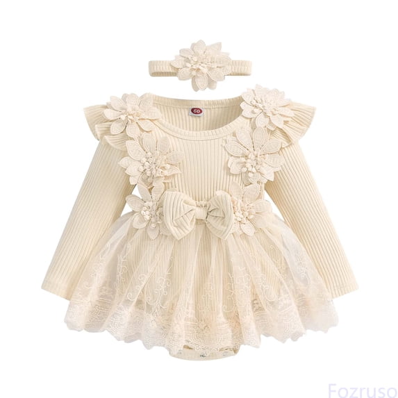 Fozruso Girls Long Sleeve Floral Romper Lace Bodysuits Dress Headbands Set Cute Girls Rompers Sizes 9-12 Months