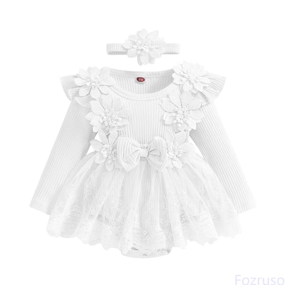 Fozruso Girls Long Sleeve Floral Romper Lace Bodysuits Dress Headbands Set Cute Girls Rompers Sizes 9-12 Months