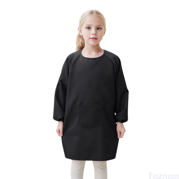 Fozruso Kid Art Smock Apron With Pocket For Children Artist Painting Aprons Smocks With Long Sleeve Casual Tee,Sizes 8-12 Years Black