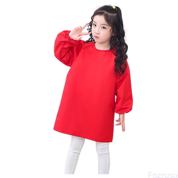 Fozruso Kid Art Smock Solid Color Apron For Children Printed Artist Painting Aprons Smocks With Long Sleeve Summer Tops,Sizes 1-4 Years Red