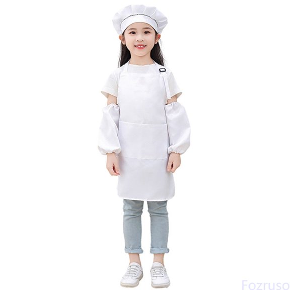 Fozruso Kid Art Smock Solid Color Apron Sleeve And Hat Three Piece Set For Children Printed Artist Painting Aprons Smocks With Long Sleeve Summer Tees,Sizes 3-6 Years White