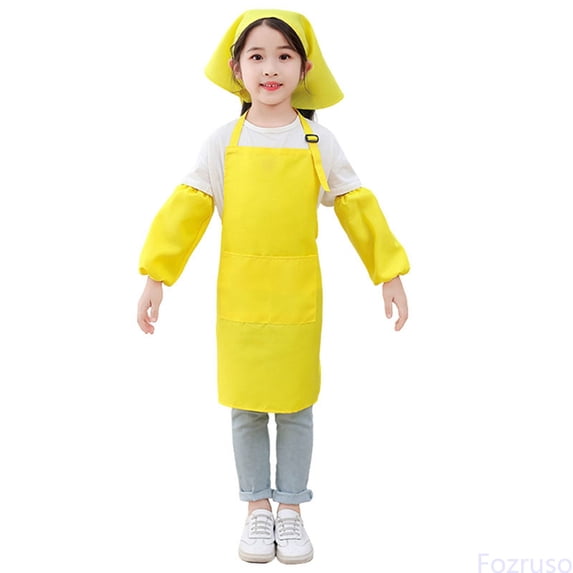 Fozruso Kid Art Smock Solid Color Apron Sleeve And Hat Three Piece Set For Children Printed Artist Painting Aprons Smocks With Long Sleeve Summer Tees,Sizes 9-12 Years Yellow
