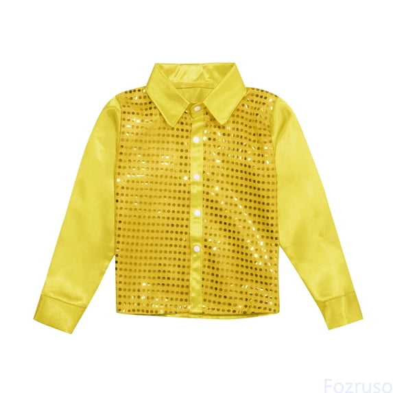 Fozruso Kids Boys Sparkly Sequins Dance Long Sleeve Button Down Shirts For Dance Performance School School Casual Sizes 5-6 Years