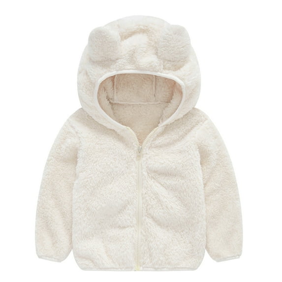 Fozruso Kids Girls Fuzzy Fleece Jacket 1-5 Years, Cute Ear Zip Up Hooded Jacket Winter Coats(White)