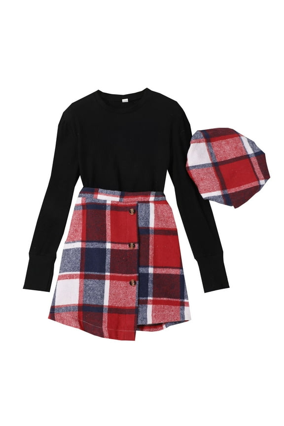 Kids Girls Winter Long Sleeve Red Plaid Ribbed Tops Skirt Hat 3PCS Outfits Clothes Set Sizes 7-8 Years