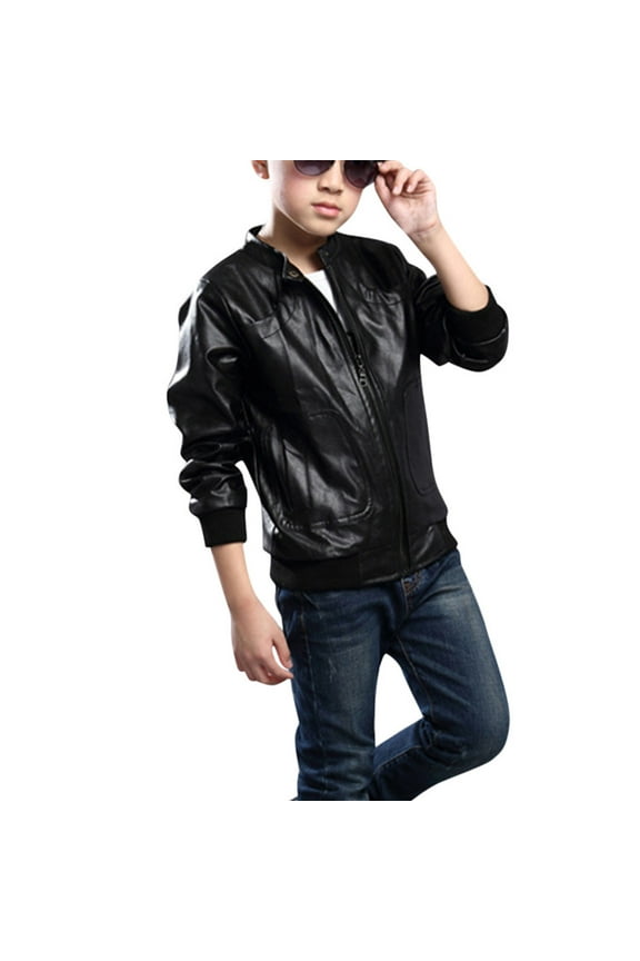 Kids Little Boys Faux Leather Zipper Jacket 3-4 Years,Long Sleeve Lightweight PU Coat For Boys with Pockets