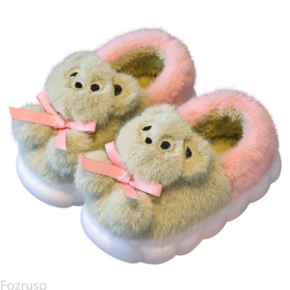 Fozruso Kids Slippers For Girls Winter Style With Insulation Thick Padding Warm Sole Slip Design Cartoon Style Bear Pattern,Warm Winter Slippers Sizes 10 Little Kid(4-4.5 Years)