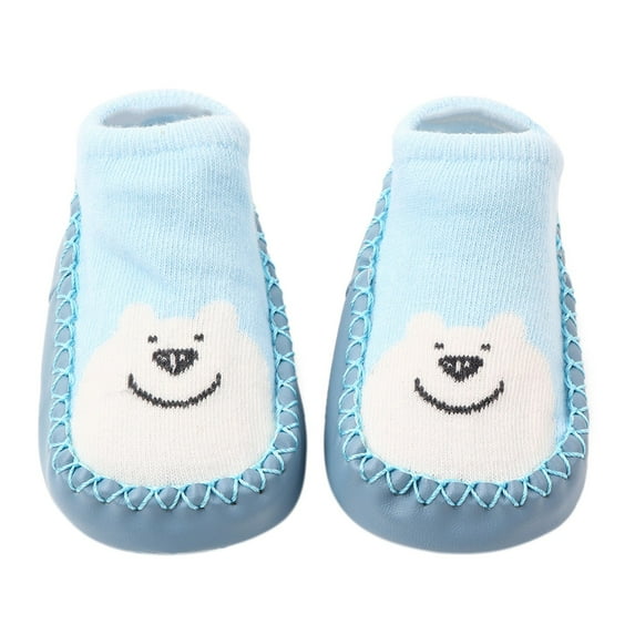 Fozruso Korean Version Low Top Toddler Shoes And Socks Children's Baby Floor Boat Socks Slipper Hole Bow Leather Socks Slipper Sizes 4 Toddler(Blue)