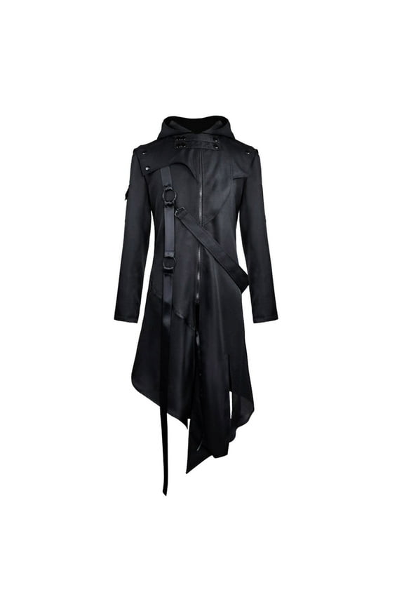 Male Vintage Gothic Steampunk Coat Splice Zipper Belt Hooded Long Sleeve