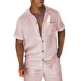 thumbnail image 1 of Fozruso Men's 2 Piece Linen Set Short Sleeve Turn Down Collar Shirts With Pocket And Shorts Summer Beach Pants Pure Color Set Set Outfit for Men, 1 of 5