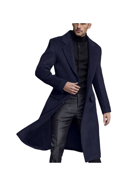 Mens Autumn And Winter Long Windbreaker Wool Coat Coat Solid Color Slim Body