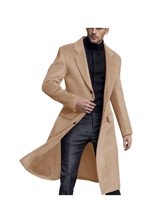 Mens Autumn And Winter Long Windbreaker Wool Coat Coat Solid Color Slim Body