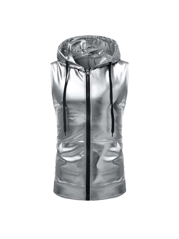 Mens Fashion Dance Bright Color Hooded Drawstring Zippered Vest