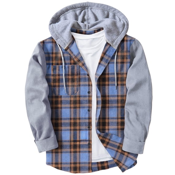 Fozruso Mens Spring And Autumn Plaid Stitching Long Sleeved Casual Hooded Jacket Top