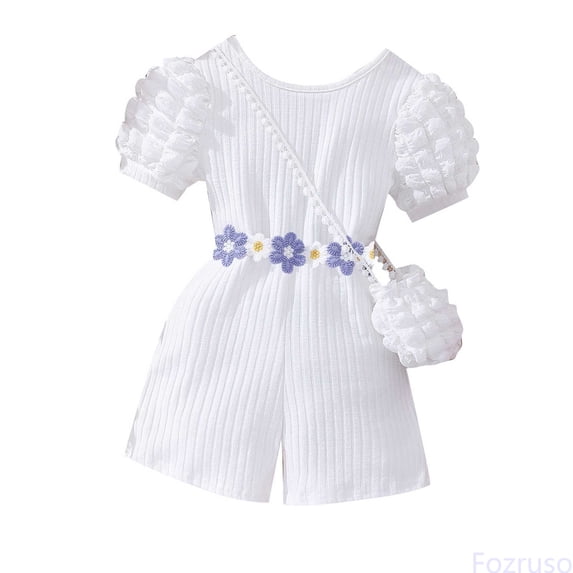Fozruso New Girls' Casual 2 Piece Set: Ribbed Rss Back Romper With Buble Sleeves & Bag Summer Casual Jumpsuits Sizes 2-3 Years