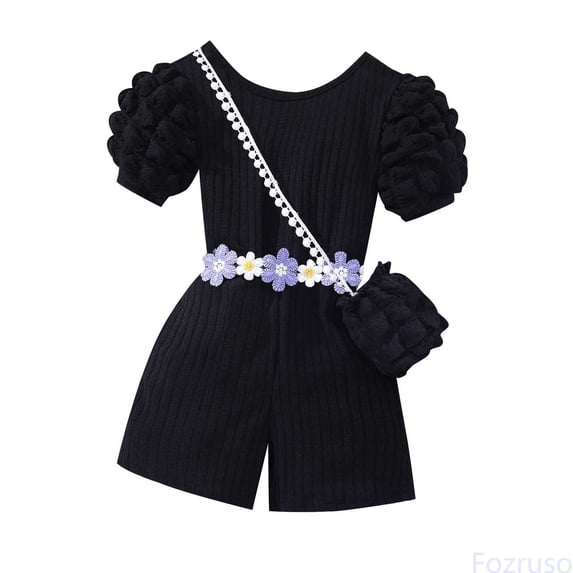 Fozruso New Girls' Casual 2 Piece Set: Ribbed Rss Back Romper With Buble Sleeves & Bag Summer Casual Jumpsuits Sizes 5-6 Years