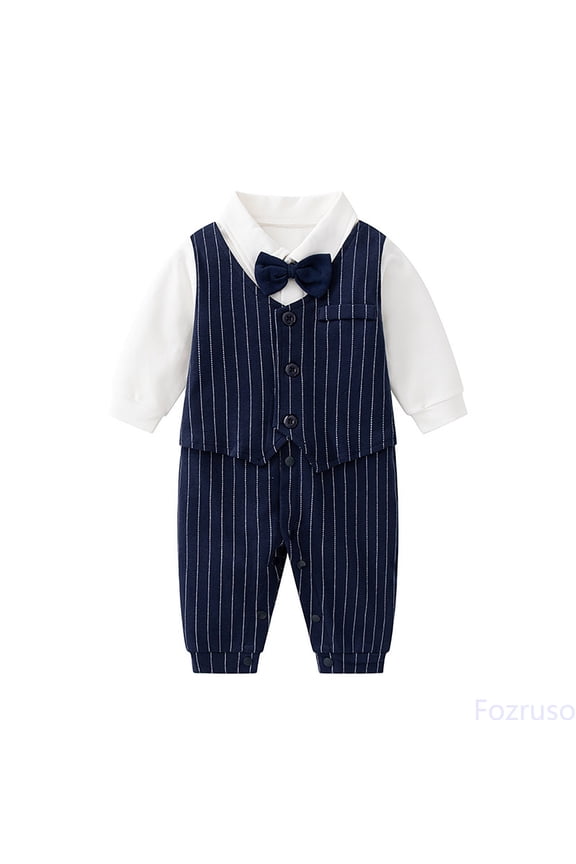 Newborn Infant Baby Boys Gentleman Romper Jumpsuit Long Sleeve Bowtie Outfit Formal Wear Tuxedo Suit One-piece Romper Sizes 0-3 Months