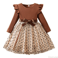 thumbnail image 1 of Fozruso Princess Casual Dress Girls Long Sleeve Ribbed Polka Dot Print Bow Dress With Skirt Elegant Party Gown For Toddler Kids Sizes 5-6 Years, 1 of 6