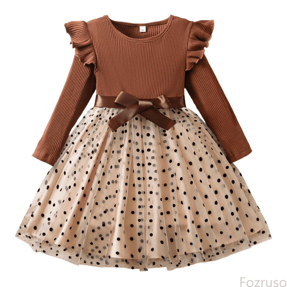 Fozruso Princess Casual Dress Girls Long Sleeve Ribbed Polka Dot Print Bow Dress With Skirt Elegant Party Gown For Toddler Kids Sizes 6-7 Years