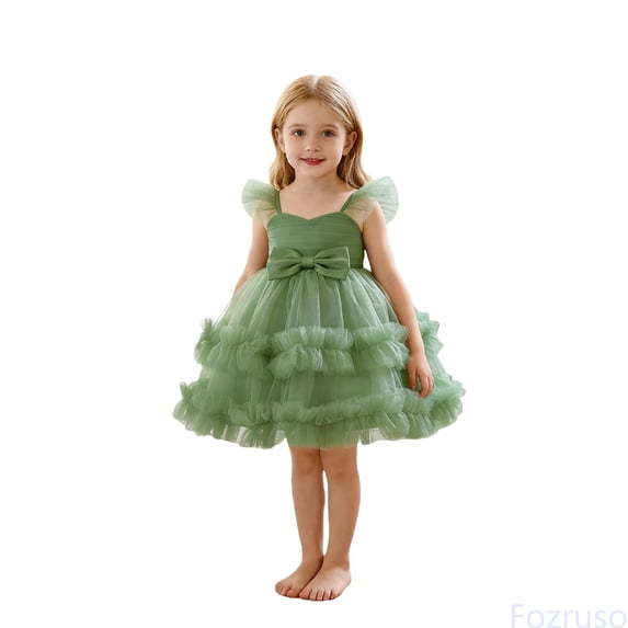 Fozruso Princess Dresses for Girls Girls Party Dress With Bow Tiered Skirt Flutter Sleeves Formal Occasion Performance Tutu Gown Sizes 18-24 Months