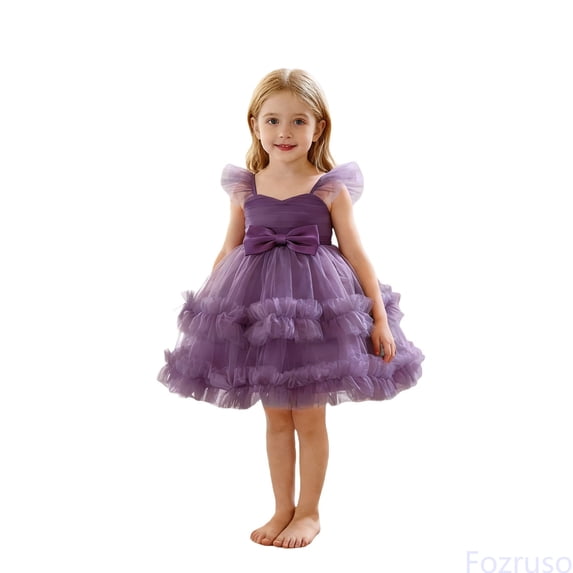 Fozruso Princess Dresses for Girls Girls Party Dress With Bow Tiered Skirt Flutter Sleeves Formal Occasion Performance Tutu Gown Sizes 9-12 Months