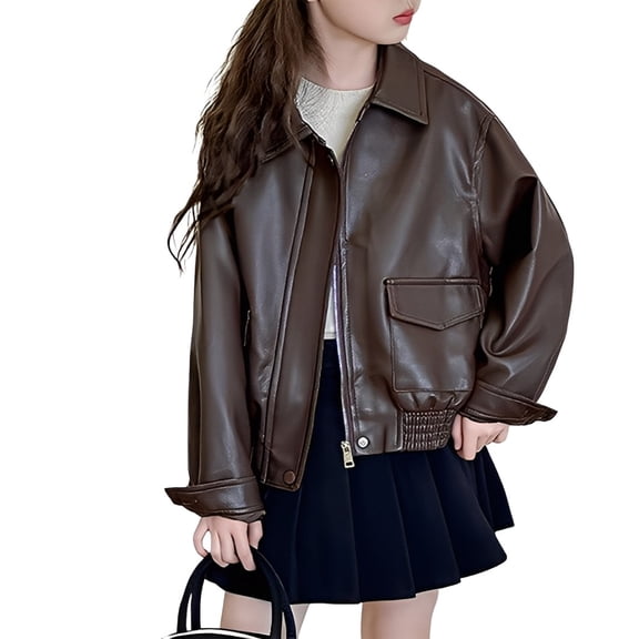 Fozruso School Jackets Girls 3-4 Years,Girls' Leather Jacket Zip Up Windbreaker Stylish Outerwear For Kids Brown
