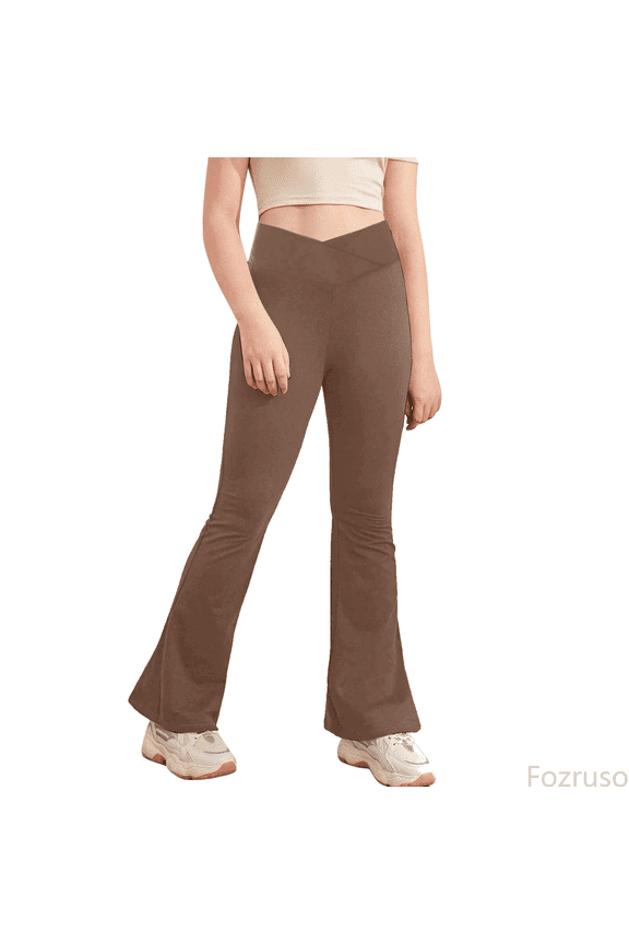 School Uniform Pants for Girls Girl's Leggings High Waisted Flare Pants Yoga Bootcut Pants Solid Color Full Length Bell Bottoms Sizes 10-12 Years