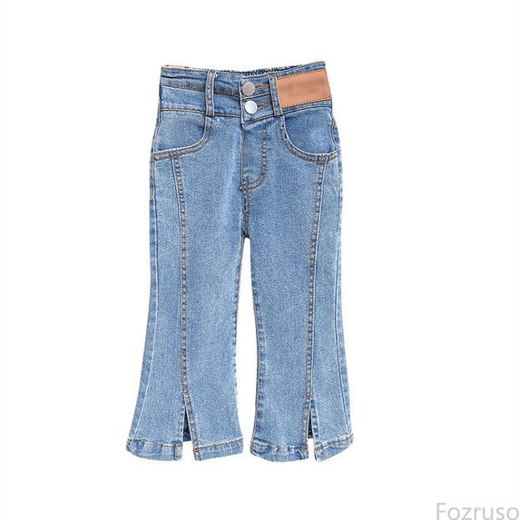 Fozruso School Uniform Pants for Girls Toddler Girls Summer Strap Jeans Elastic Slim Vintage Casual Flared Jeans Trousers Daily Wearing Sizes 18-24 Months