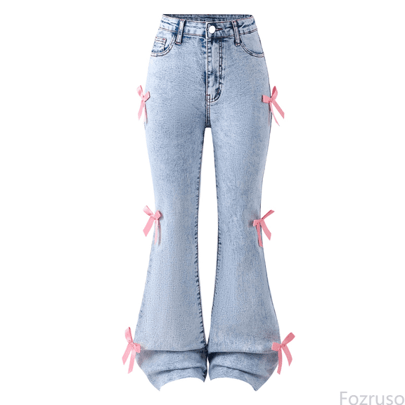 Fozruso School Uniform Pants for Girls Stylish Distressed Denim Bottom Pants For Teen Girls With Bow Flared Leg Design Sizes 9-10 Years