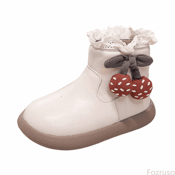 Fozruso Stylish Girls Fashion Boots With Lace Trim And Cherry Design Comfortable Soft Sole Warm Ankle Boots For Kids Versatile Shoes For Girls,Warm Winter Boots Sizes 10 Little Kid(3.5-4 Years)